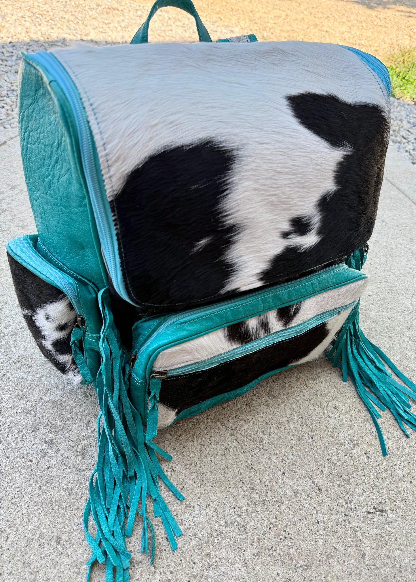Turquoise Leather Fringe Cowhide Backpack / Diaper Bag