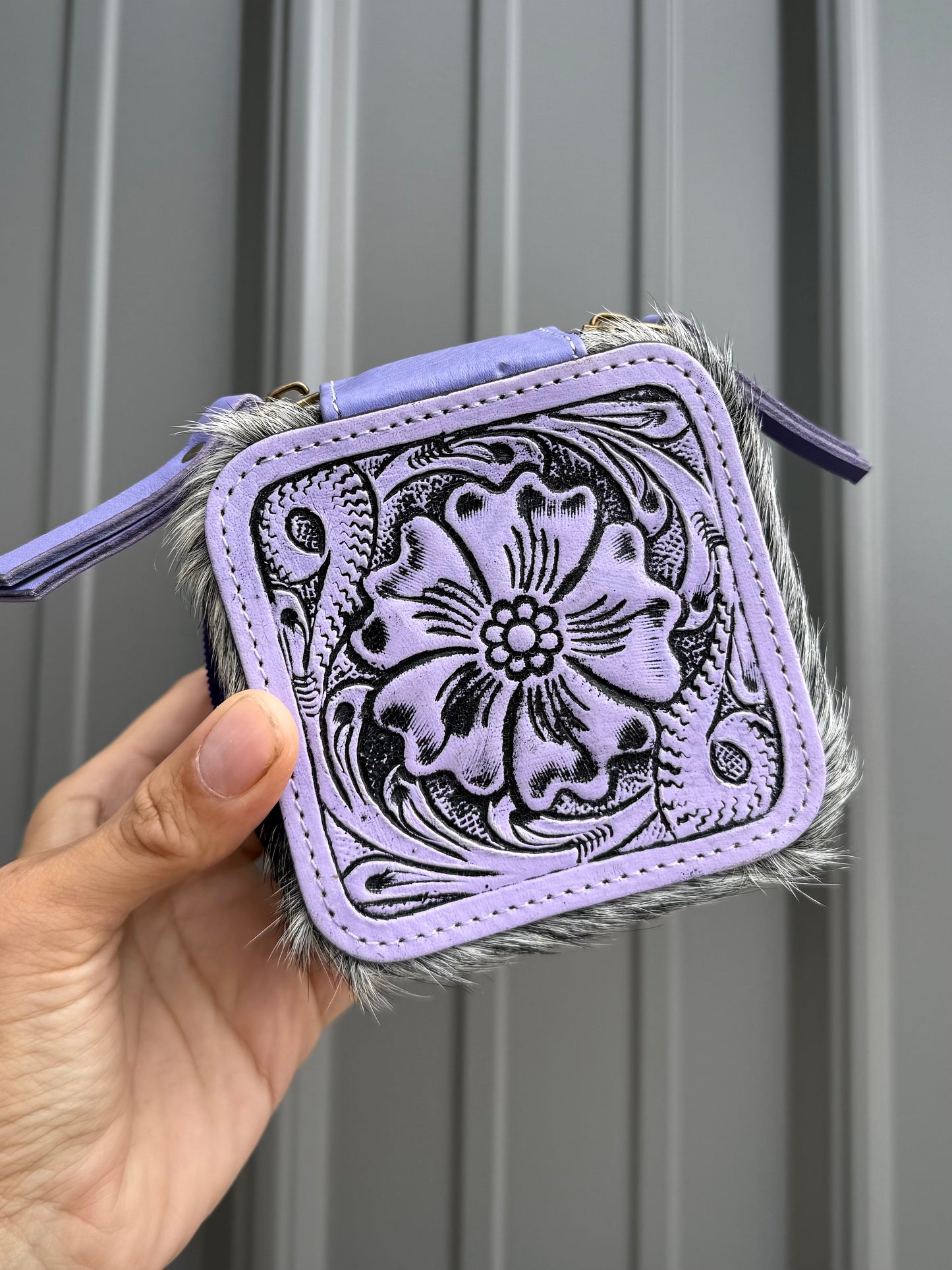 Lavender Purple Tooled Top Speckled Cowhide Square Jewelry Zipper Box