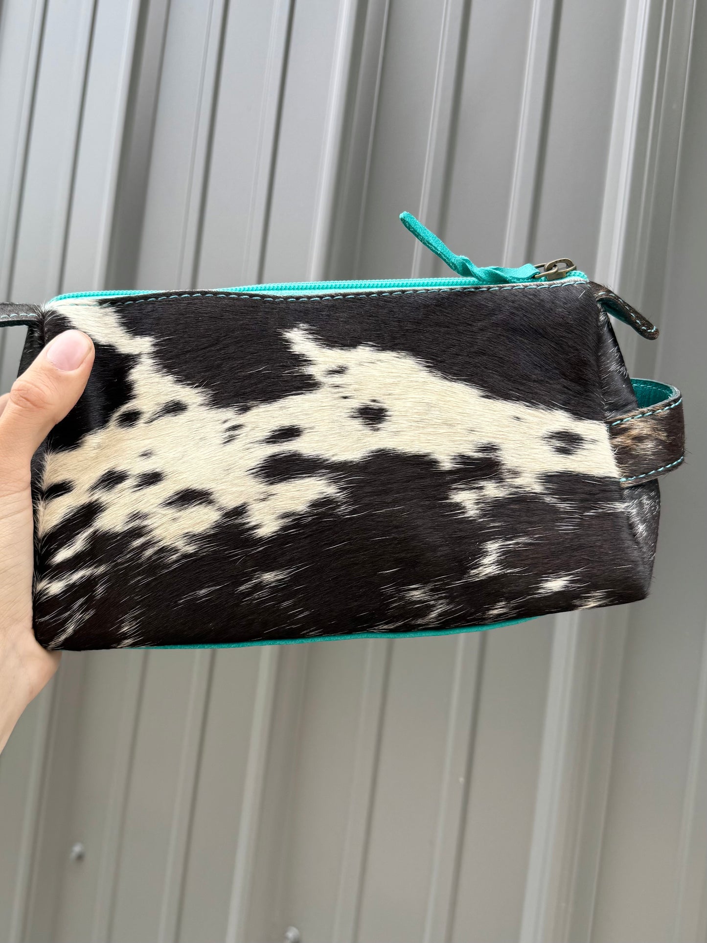 Black Cowhide Turquoise Makeup Cosmetic Bag