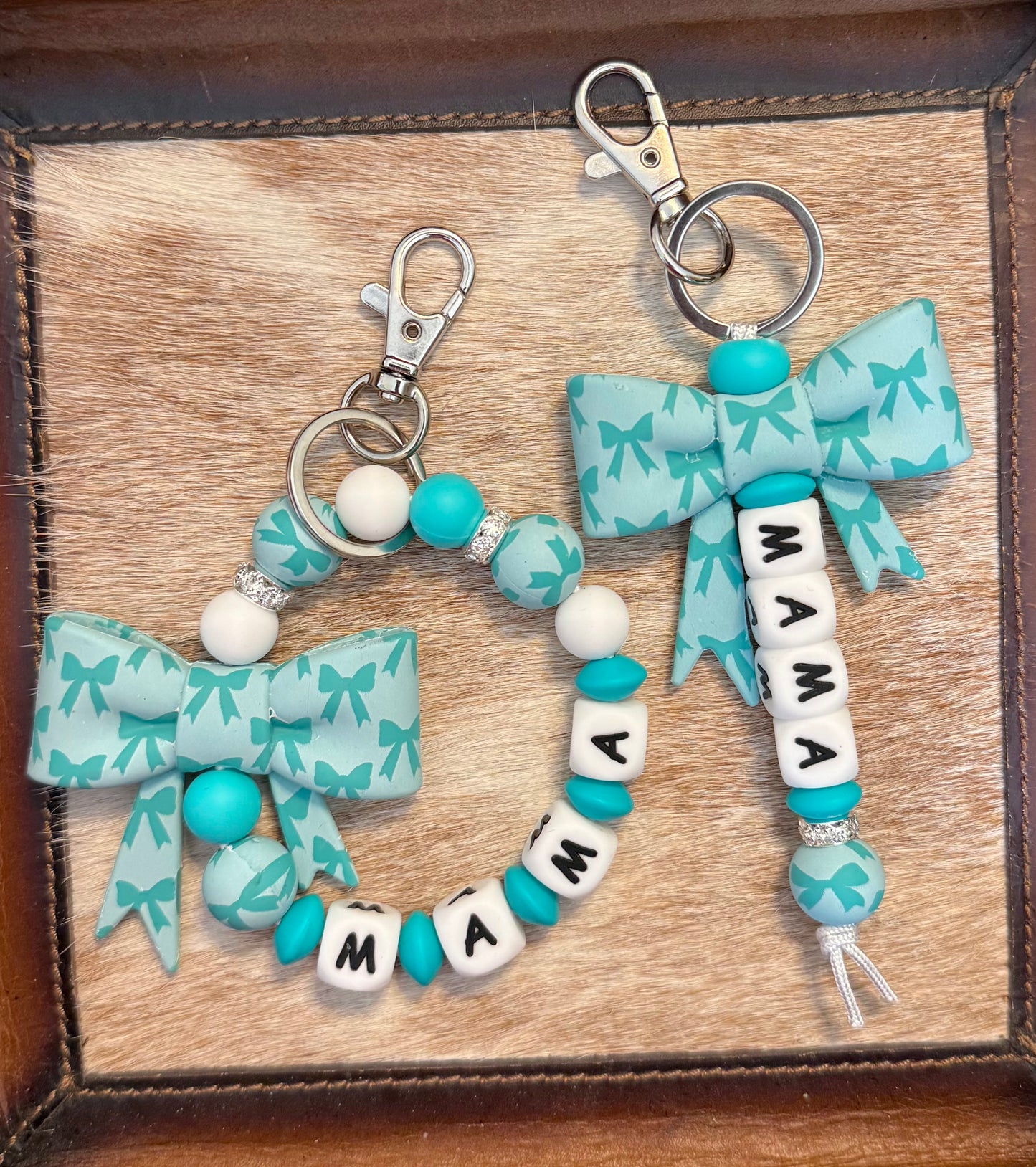 Mama Turquoise Big Ribbon Bow Custom Name Keychain Set