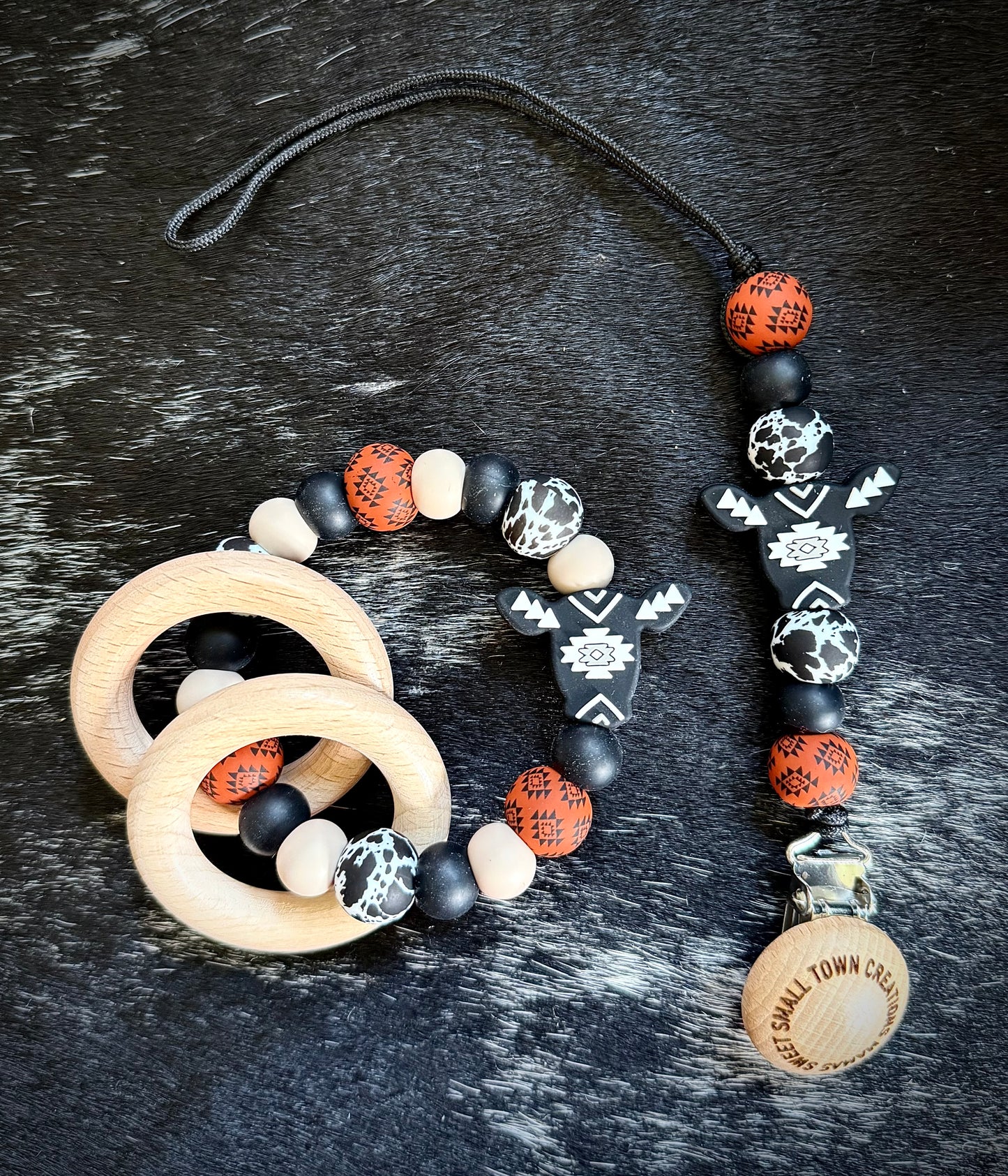 Rust Aztec Black/White Cow Hide Teether Bundle