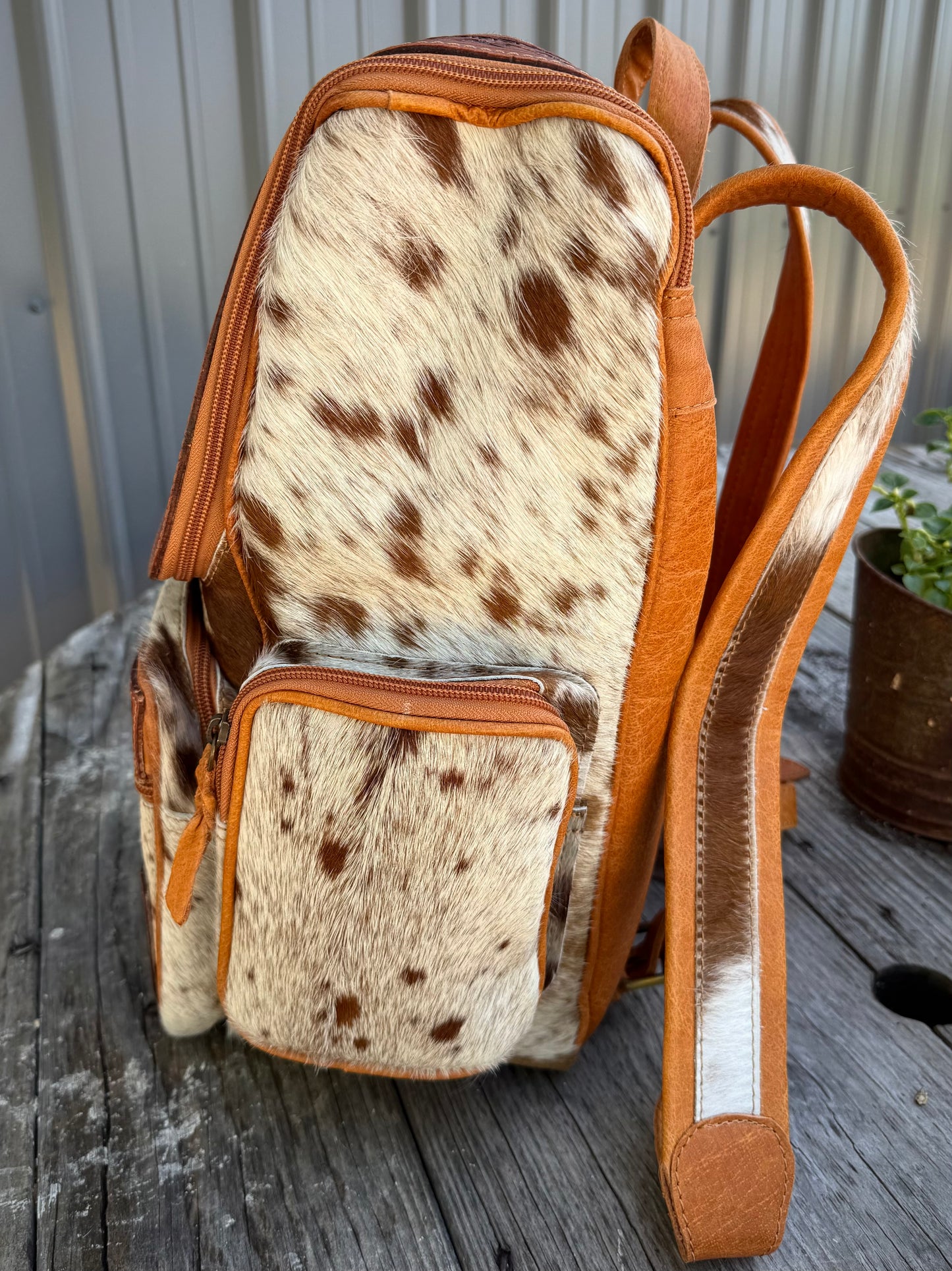 Highland Cow Tooled Leather Brown Cowhide Backpack / Diaper Bag