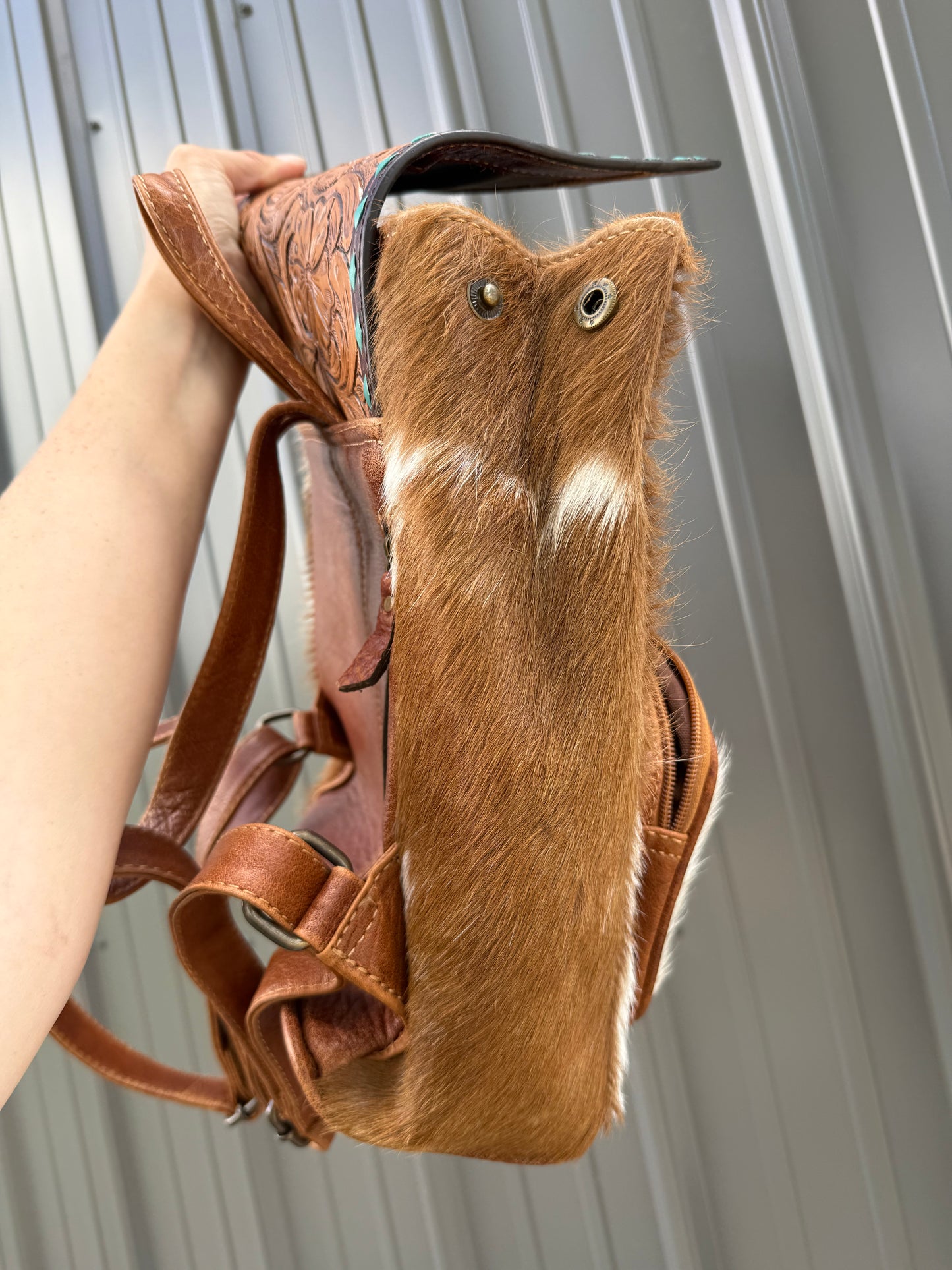 Genuine Tooled Leather Cowhide Turquoise Stone Buckle Mini Backpack