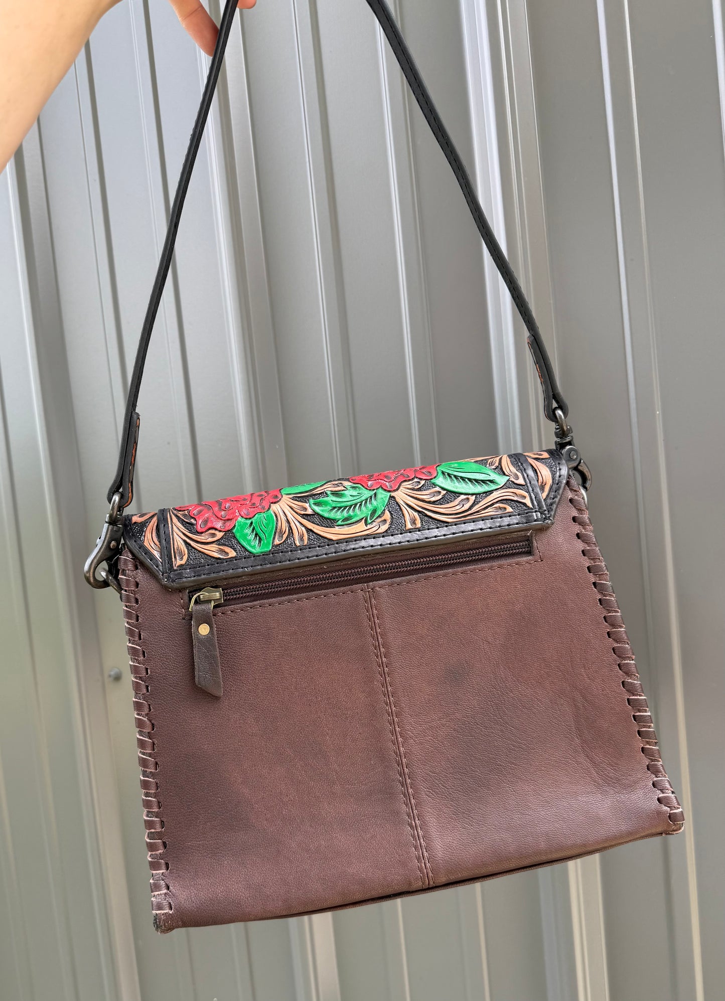 Red Flower Tooled Genuine Cowhide Purse