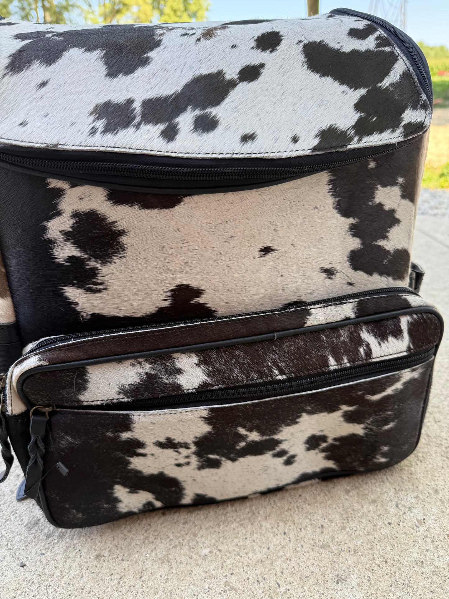 Black Leather Black & White Cowhide Backpack / Diaper Bag