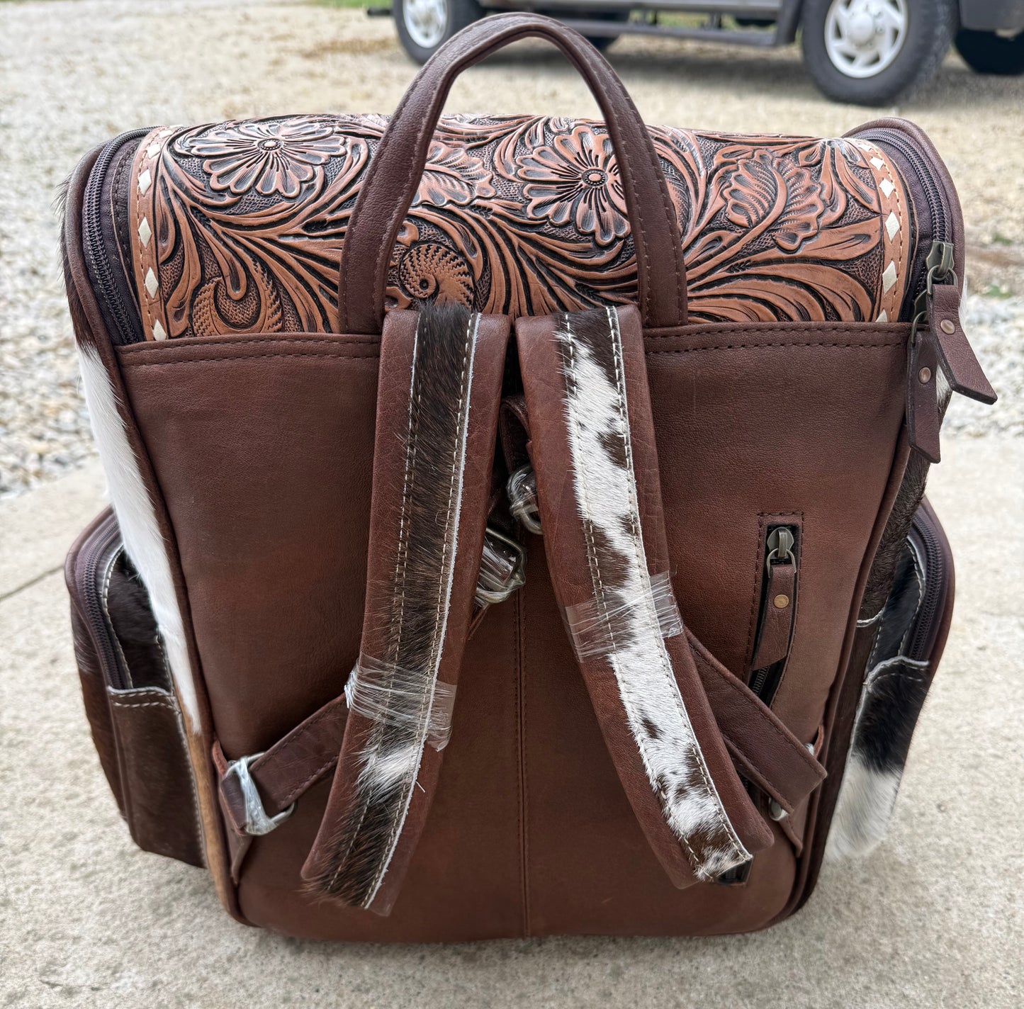 Tooled Leather Brown Cowhide Turquoise Concho Backpack / Diaper Bag