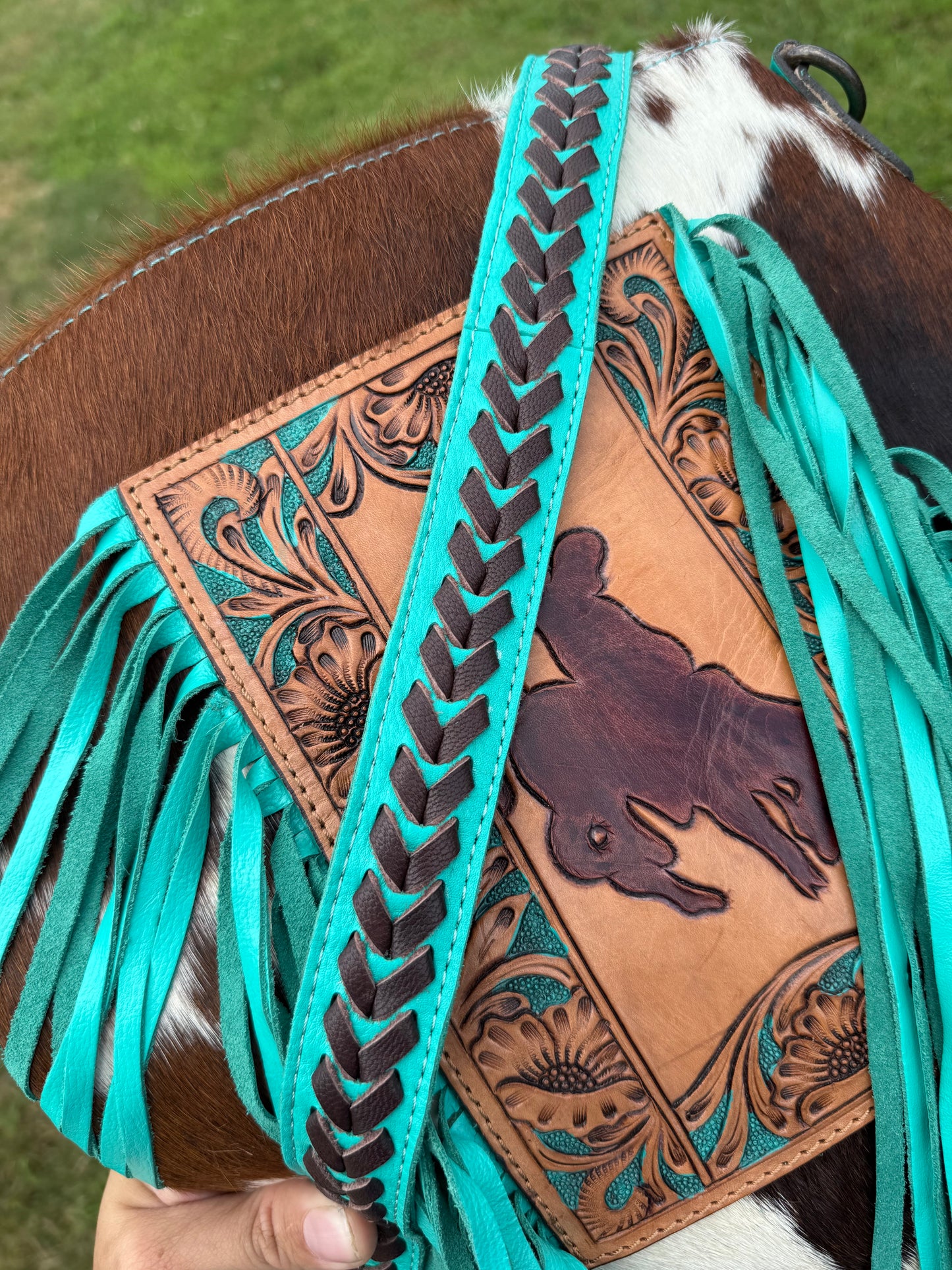Bucking Horse Genuine Leather Turquoise Fringe Crossbody Purse