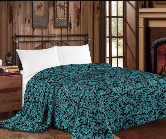 Turquoise Tooled Leather Super Plush King Blanket
