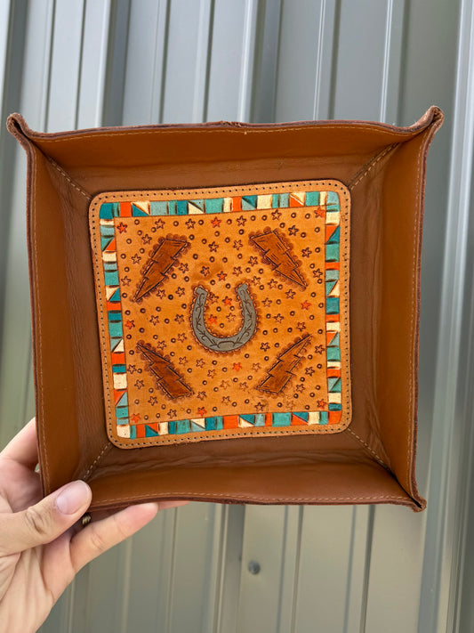 Horse Shoe Lightening Bolt Turquoise Orange Genuine Leather Tray