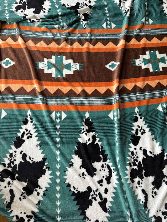 Teal Aztec Cowhide Super Plush Thin Queen Blanket