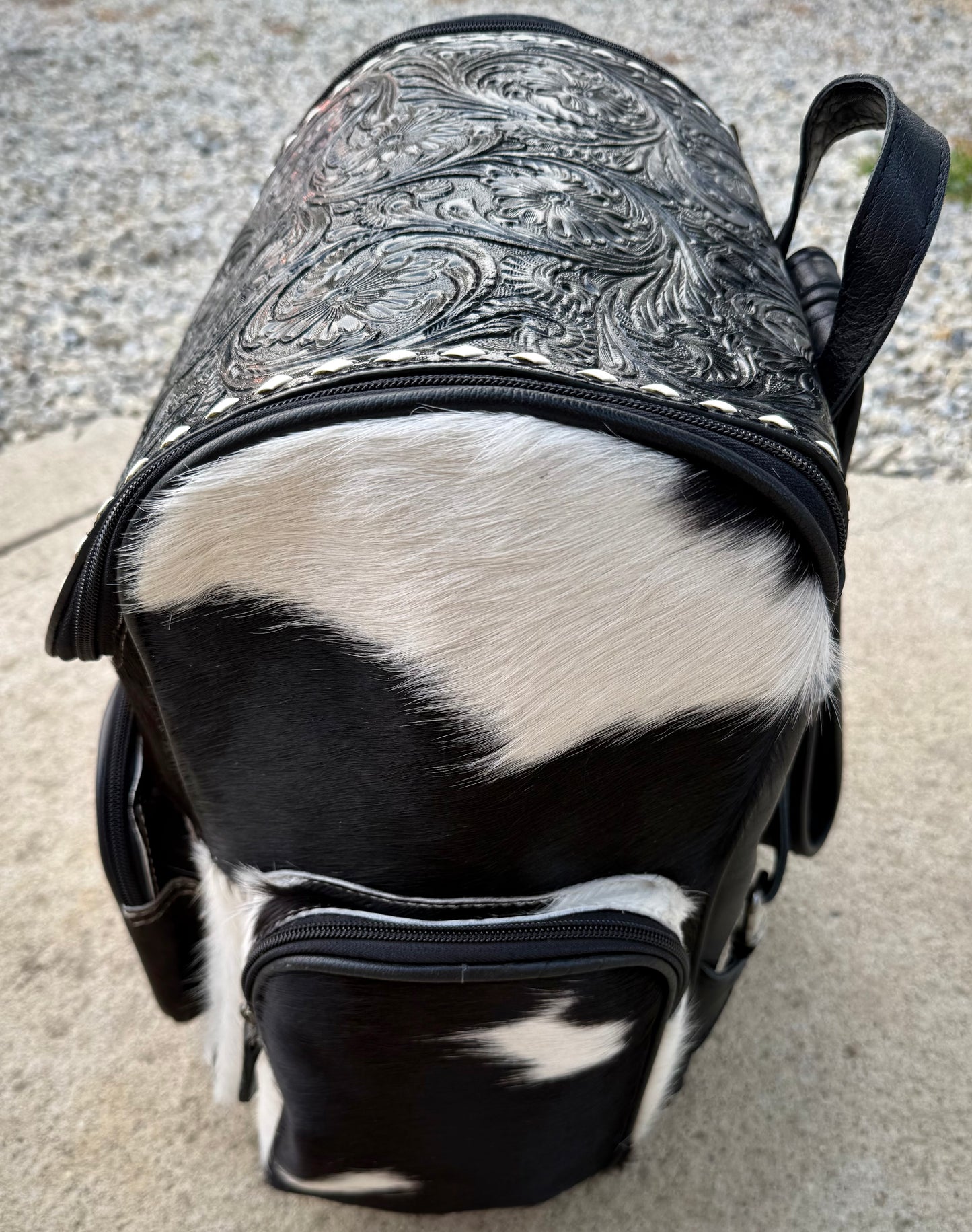 Tooled Leather Black Cowhide Backpack / Diaper Bag