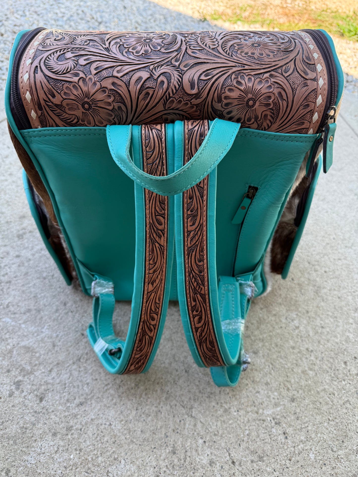 Tooled Leather Turquoise Speckled Brown Cowhide Backpack / Diaper Bag