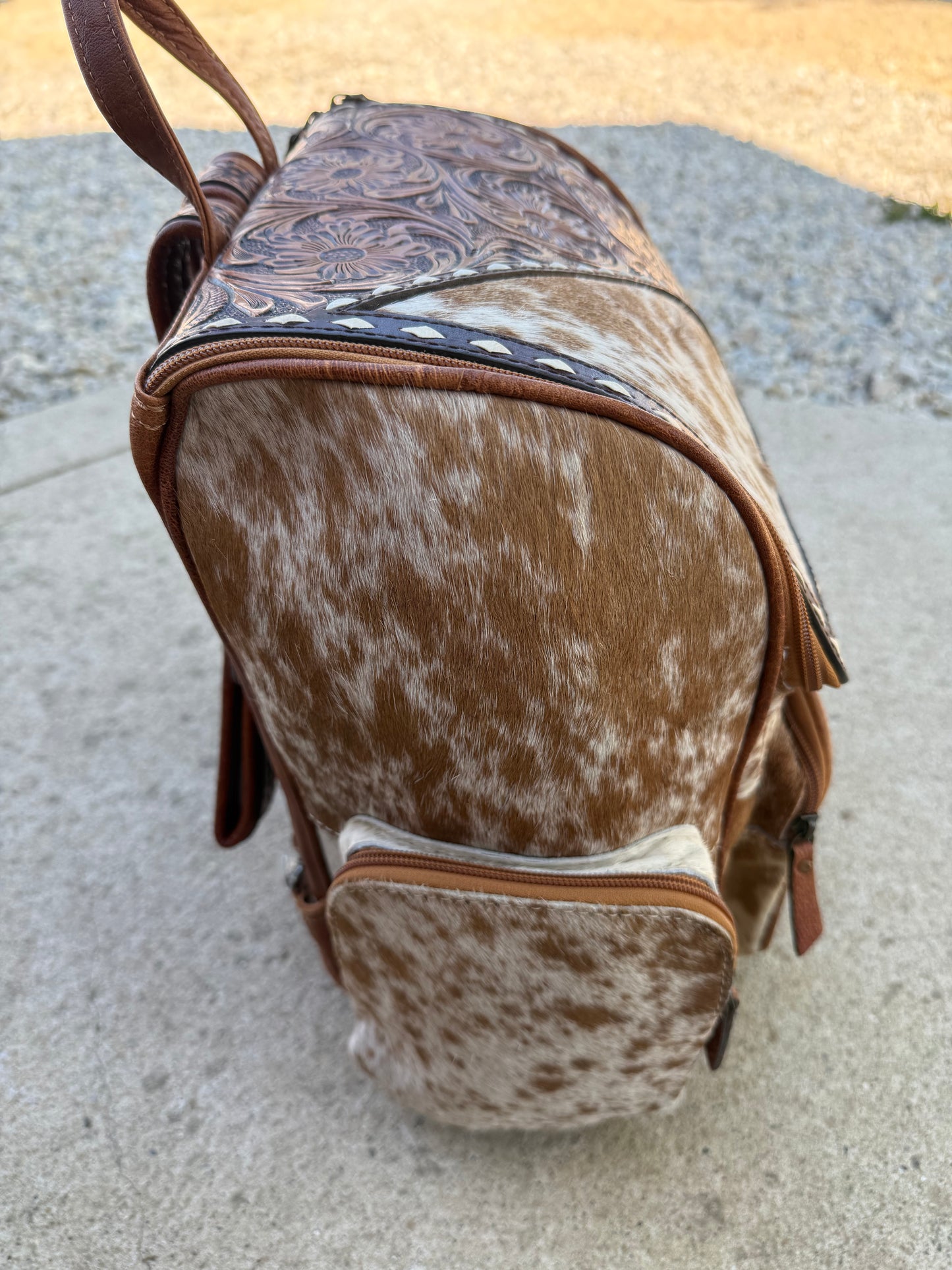 Tooled Leather Slant Brown Speckled Cowhide Backpack / Diaper Bag