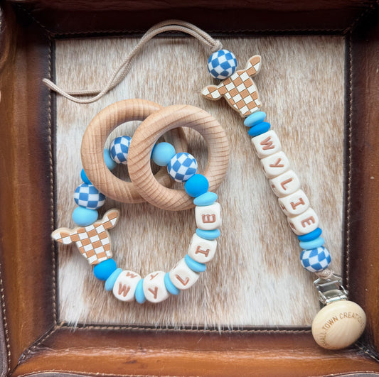 Custom Name Blue Checkered Cow Teether Set