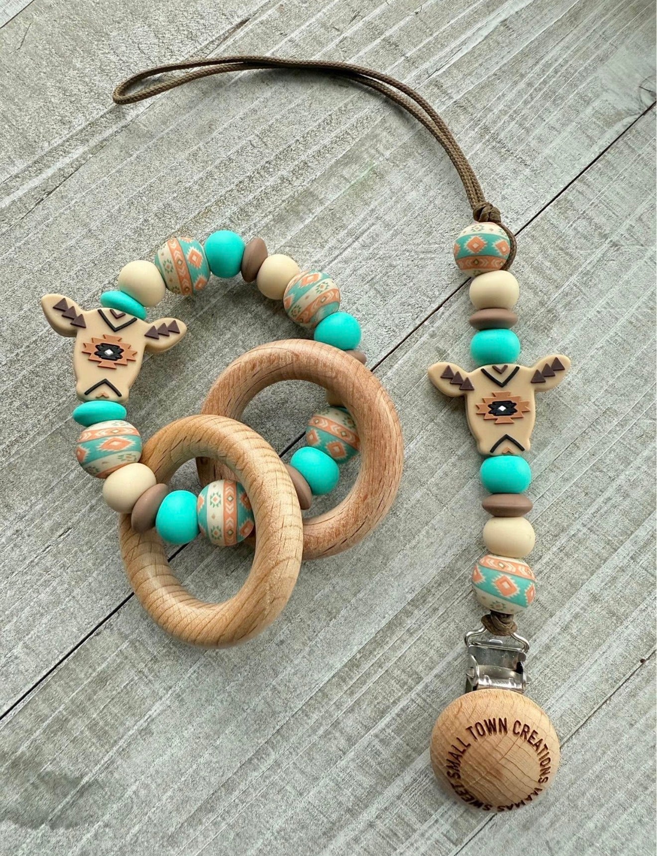 Beige Aztec Cow Coral/ Turquoise Aztec Teether Bundle