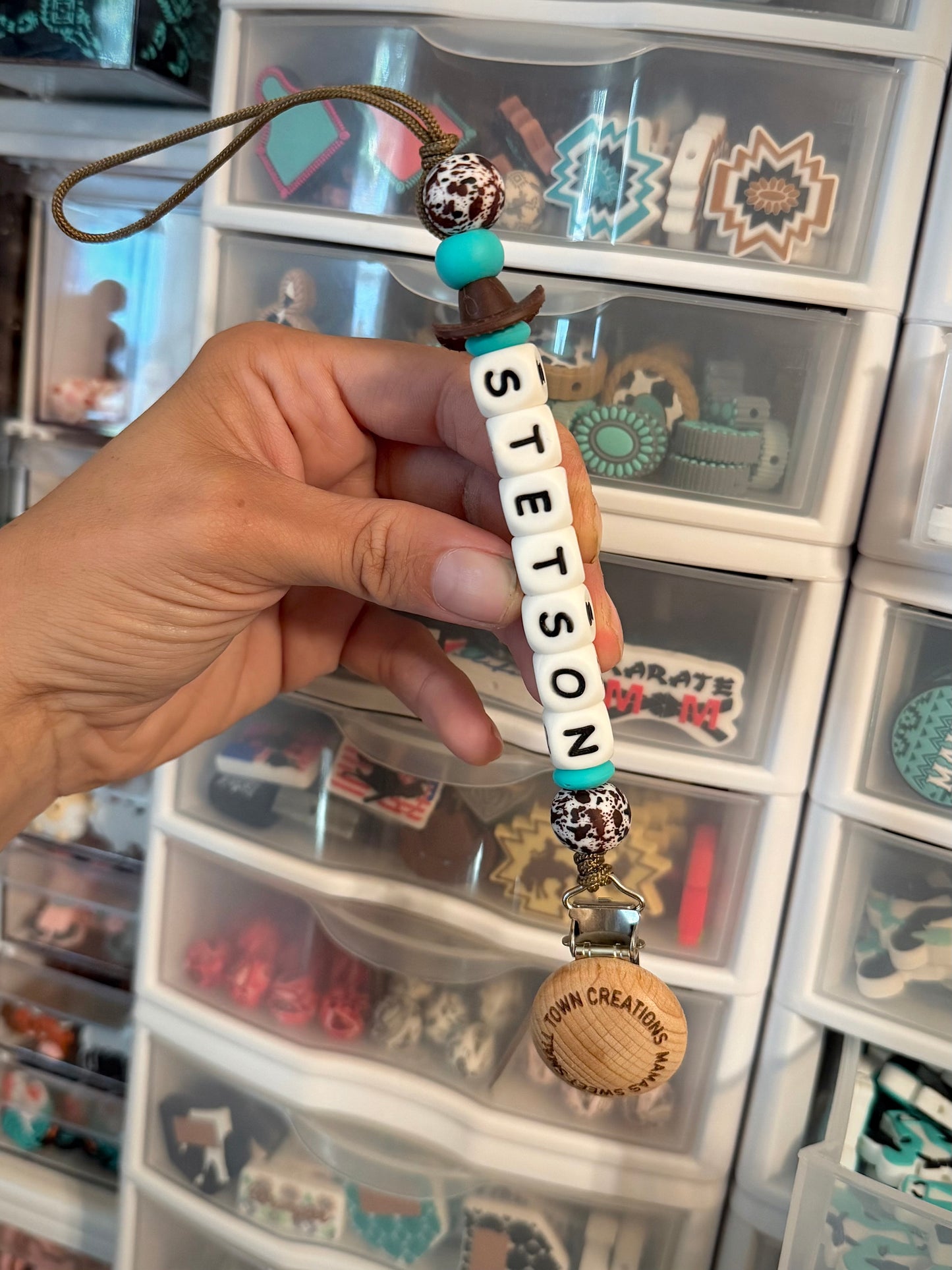 Custom Name Turquoise Brown Cowboy Hat Pacifier Holder