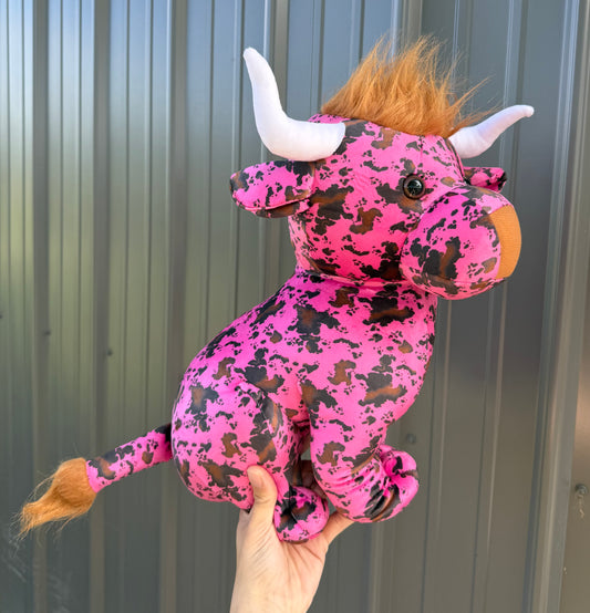 Large Plushie Pink Cowhide Cow Sitting Bull