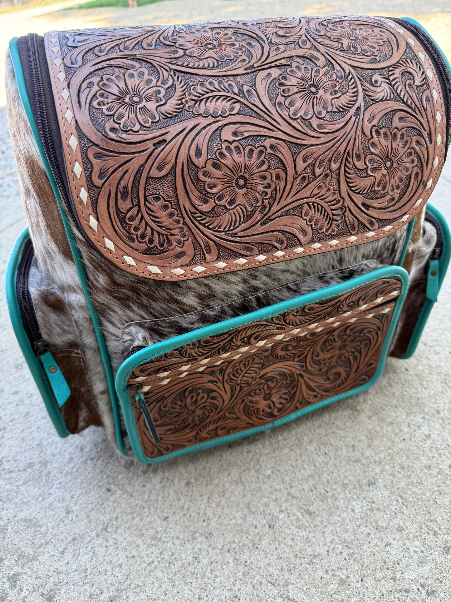 Tooled Leather Turquoise Speckled Brown Cowhide Backpack / Diaper Bag