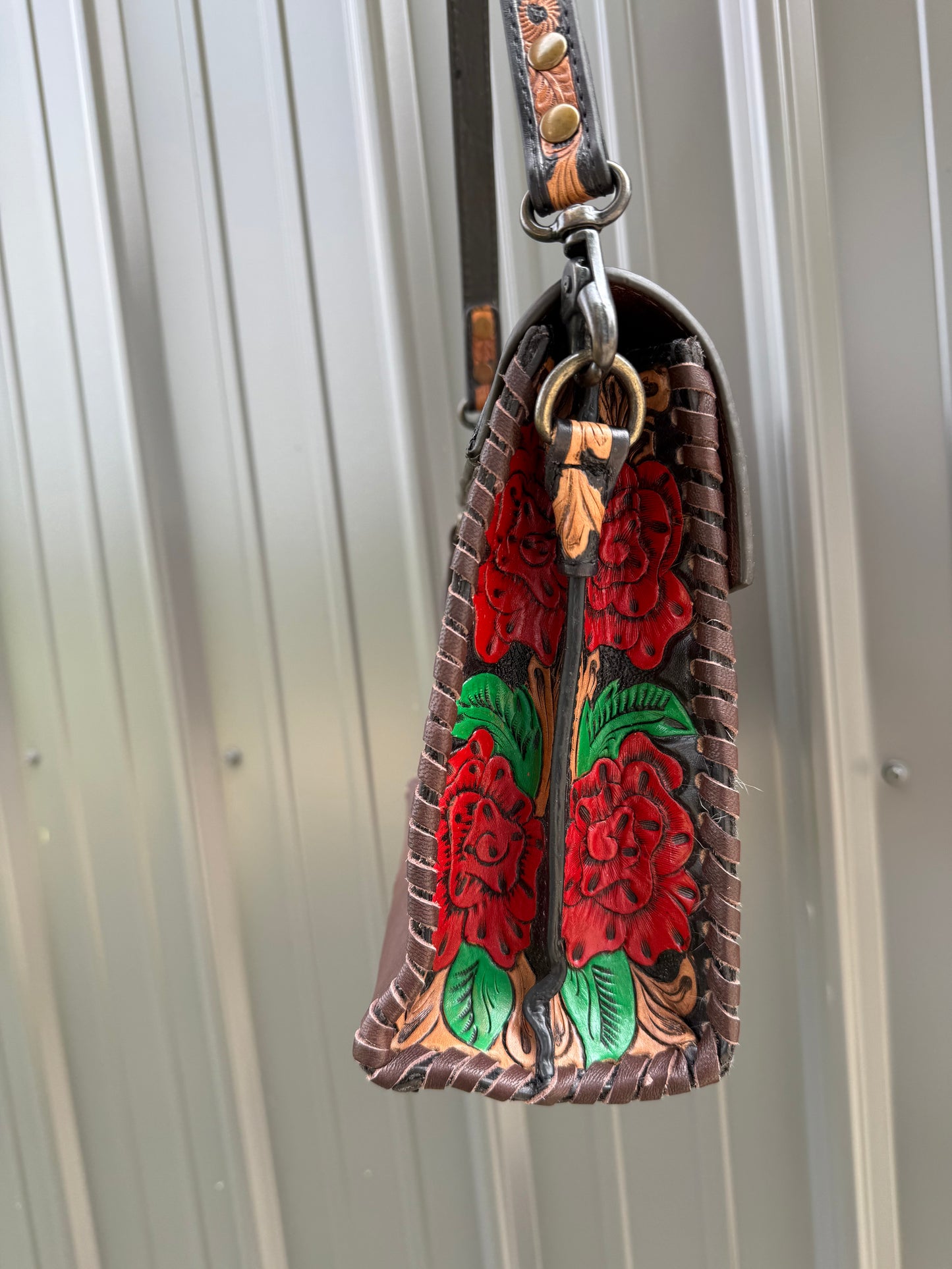 Red Flower Tooled Genuine Cowhide Purse