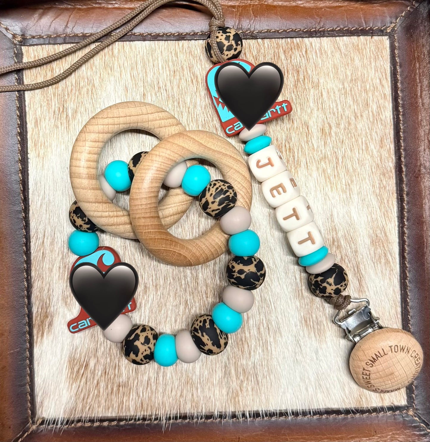 Brown / Black Cowhide Turquoise Custom Name Teether Set