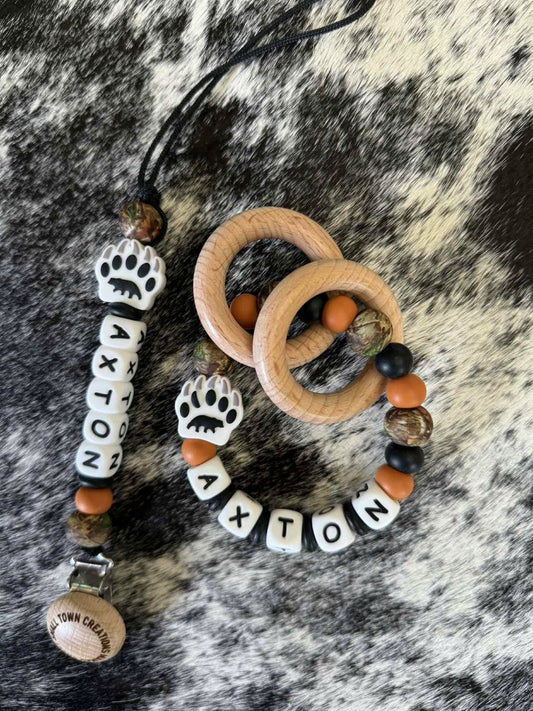 Bear Paw Camo Orange Custom Name Teether Set