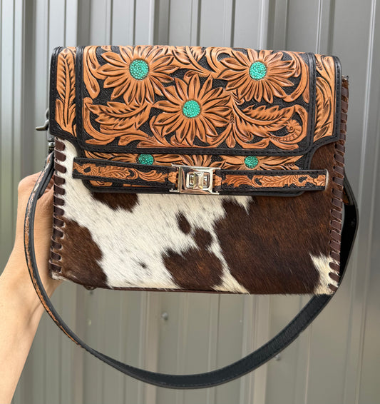 Turquoise Flower Tooled Genuine Cowhide Purse