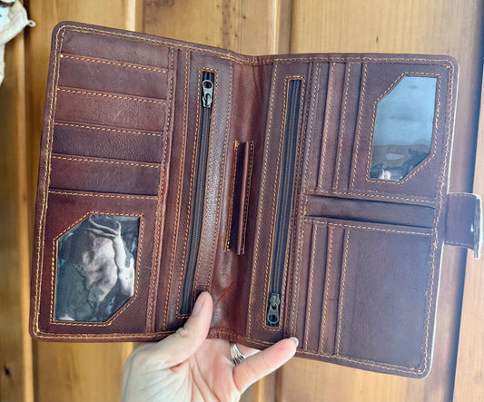 Genuine Cowhide and Tooled leather checkbook Wallet