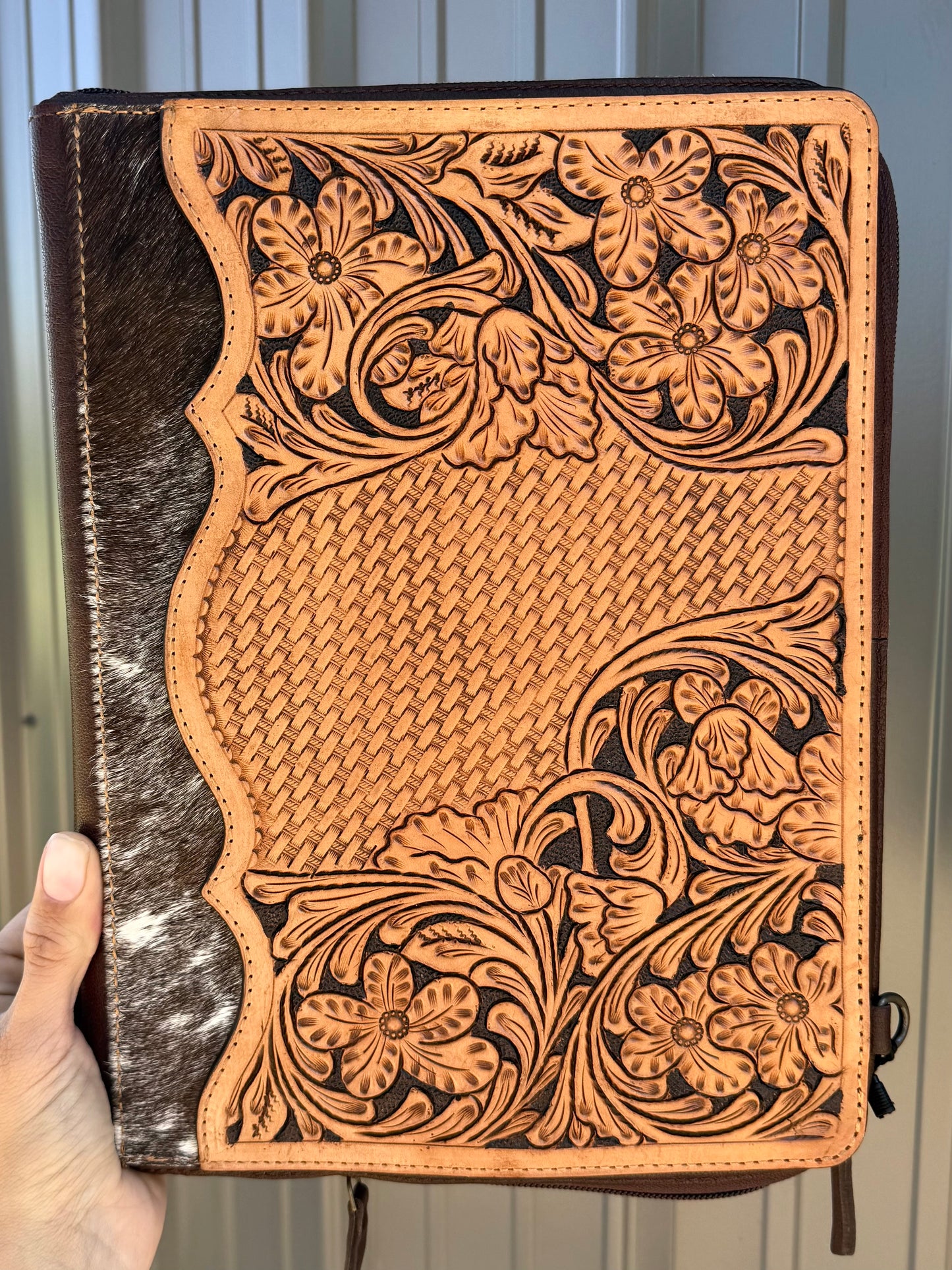 Brown Tooled Leather Binder Planner Tooled Leather Cowhide with Crossbody Strap