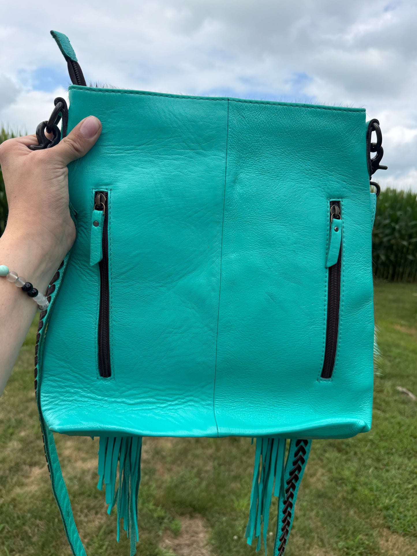 Bucking Horse Genuine Leather Turquoise Fringe Crossbody Purse