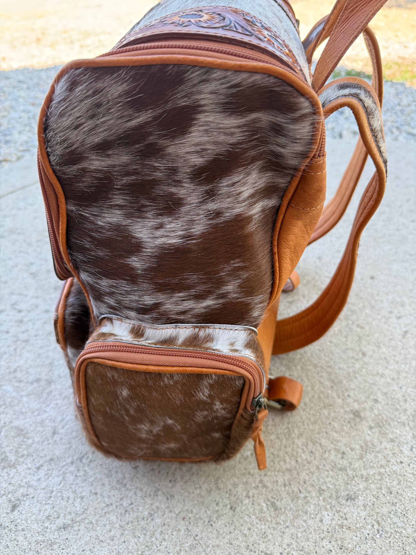 Sunflower Highland Cow Tooled Leather Brown Cowhide Backpack / Diaper Bag