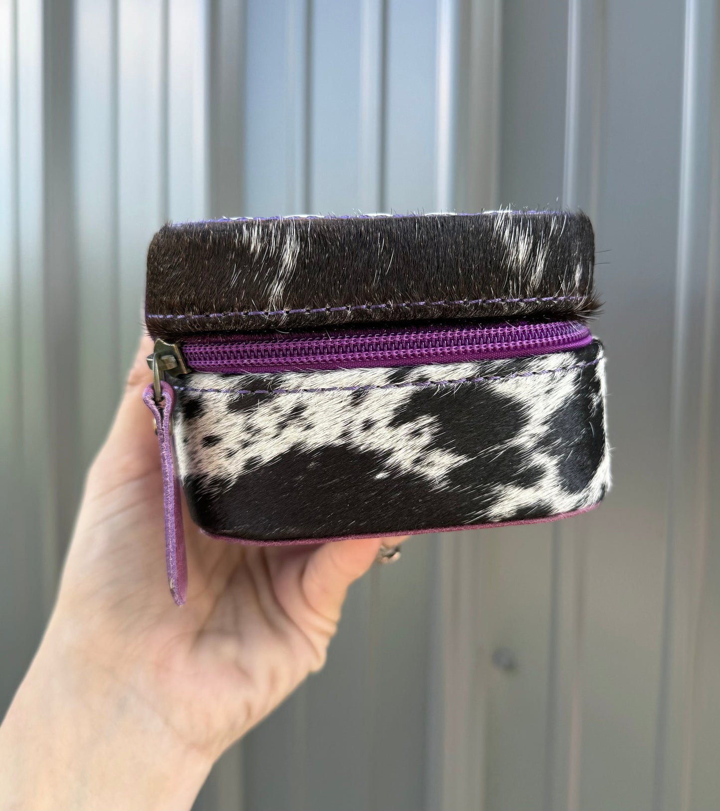 Tooled Purple Floral Spotted Cowhide Rectangle Jewelry Zipper Box