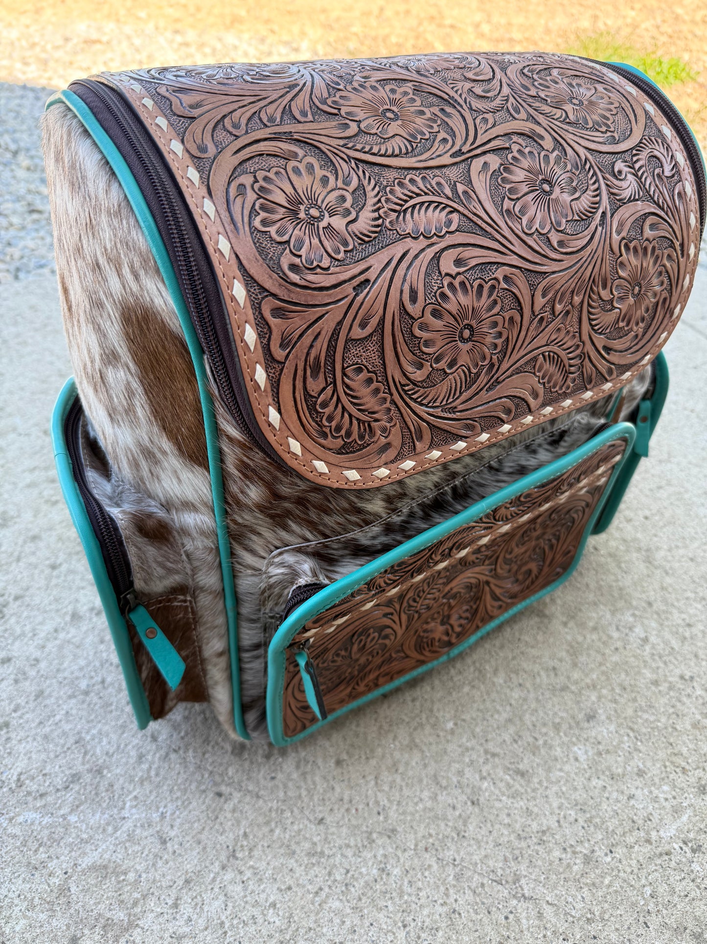 Tooled Leather Turquoise Speckled Brown Cowhide Backpack / Diaper Bag
