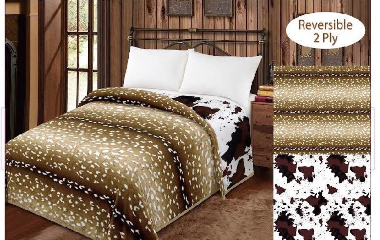 Deer Doe Print Cowhide Reversible Blanket