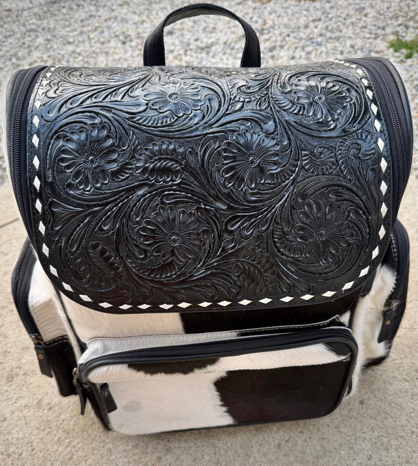 Tooled Leather Black Cowhide Backpack / Diaper Bag