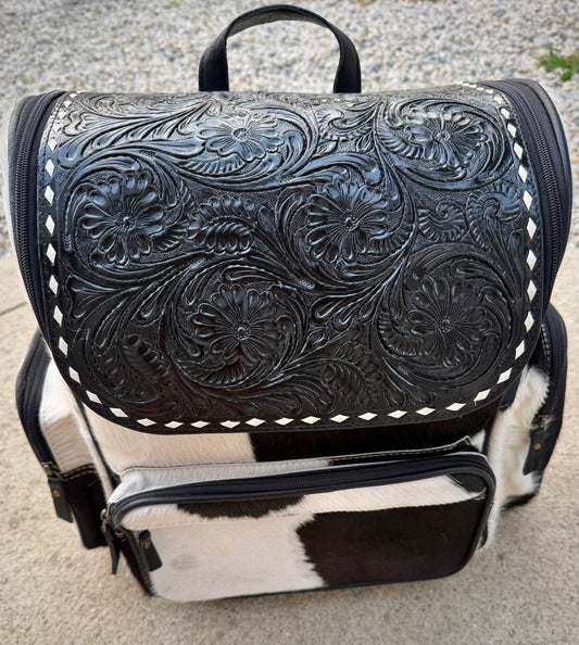 Tooled Leather Black Cowhide Backpack / Diaper Bag