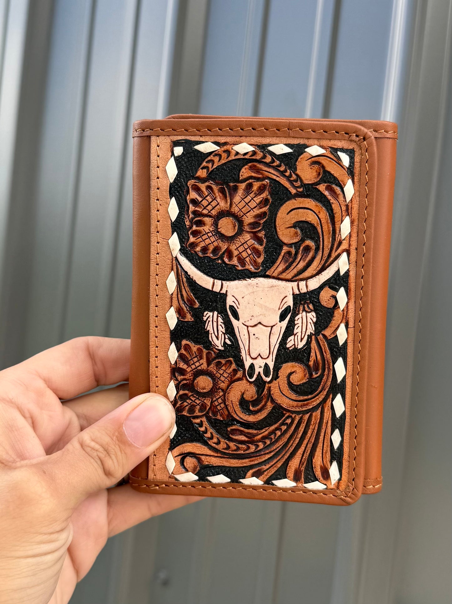 Tooled Cow Skull Genuine Cowhide Tri Fold Women’s or Men’s Wallet