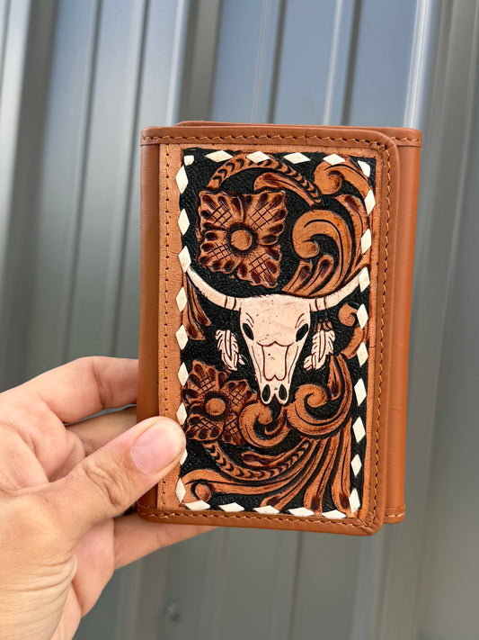 Tooled Cow Skull Genuine Cowhide Tri Fold Women’s or Men’s Wallet