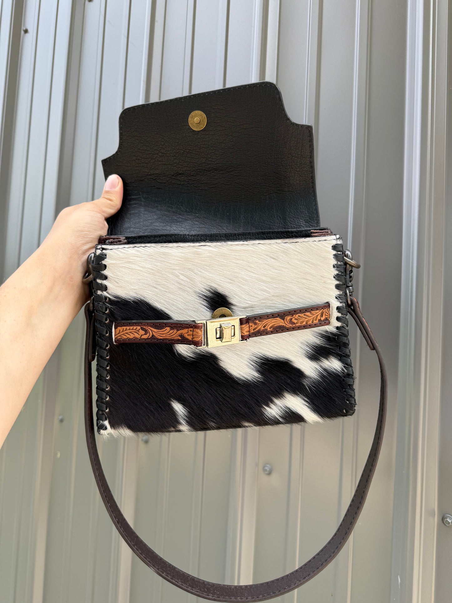 Brown Tooled Genuine Black Cowhide Purse