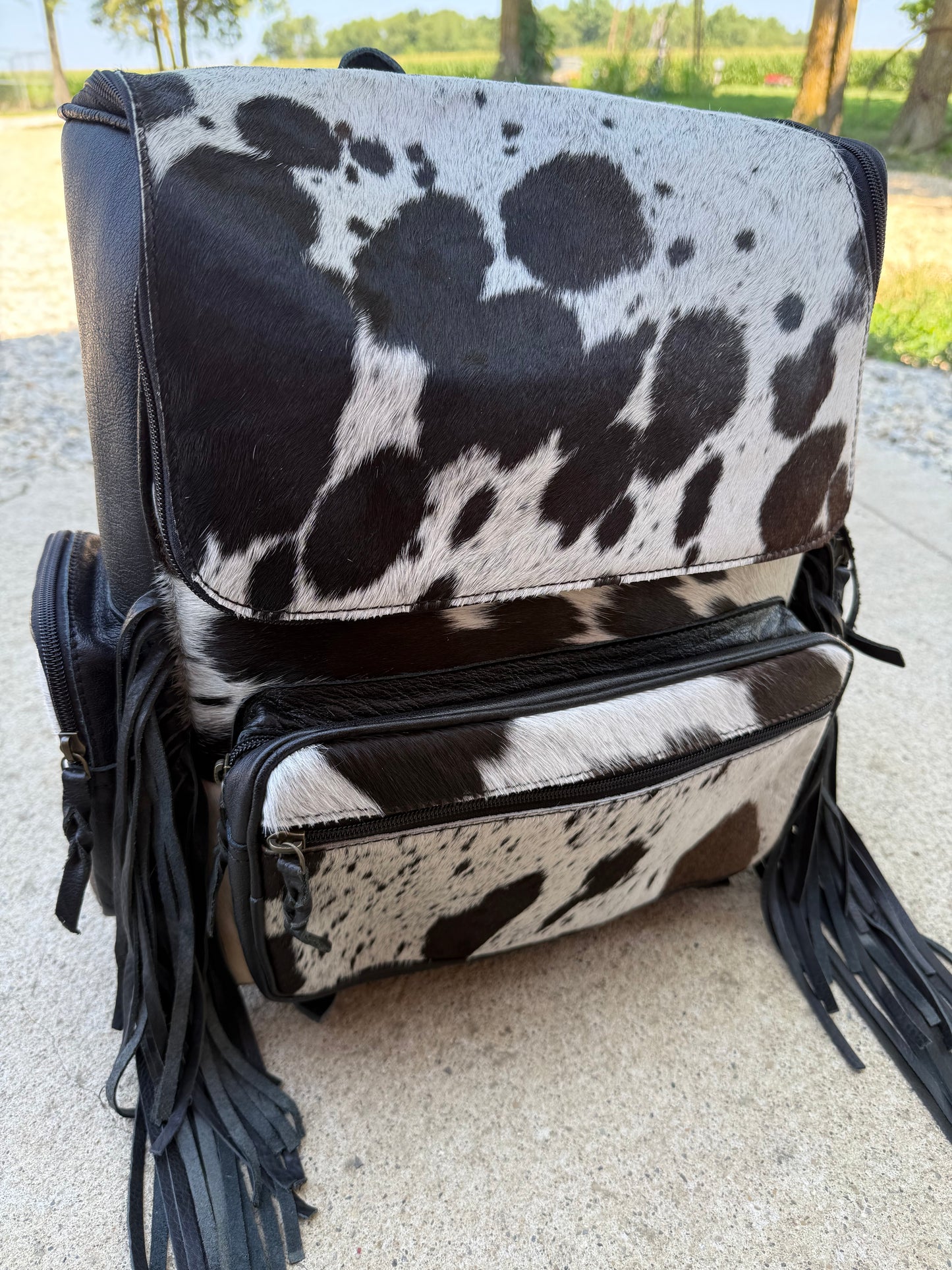 Black Leather Fringe Cowhide Backpack / Diaper Bag