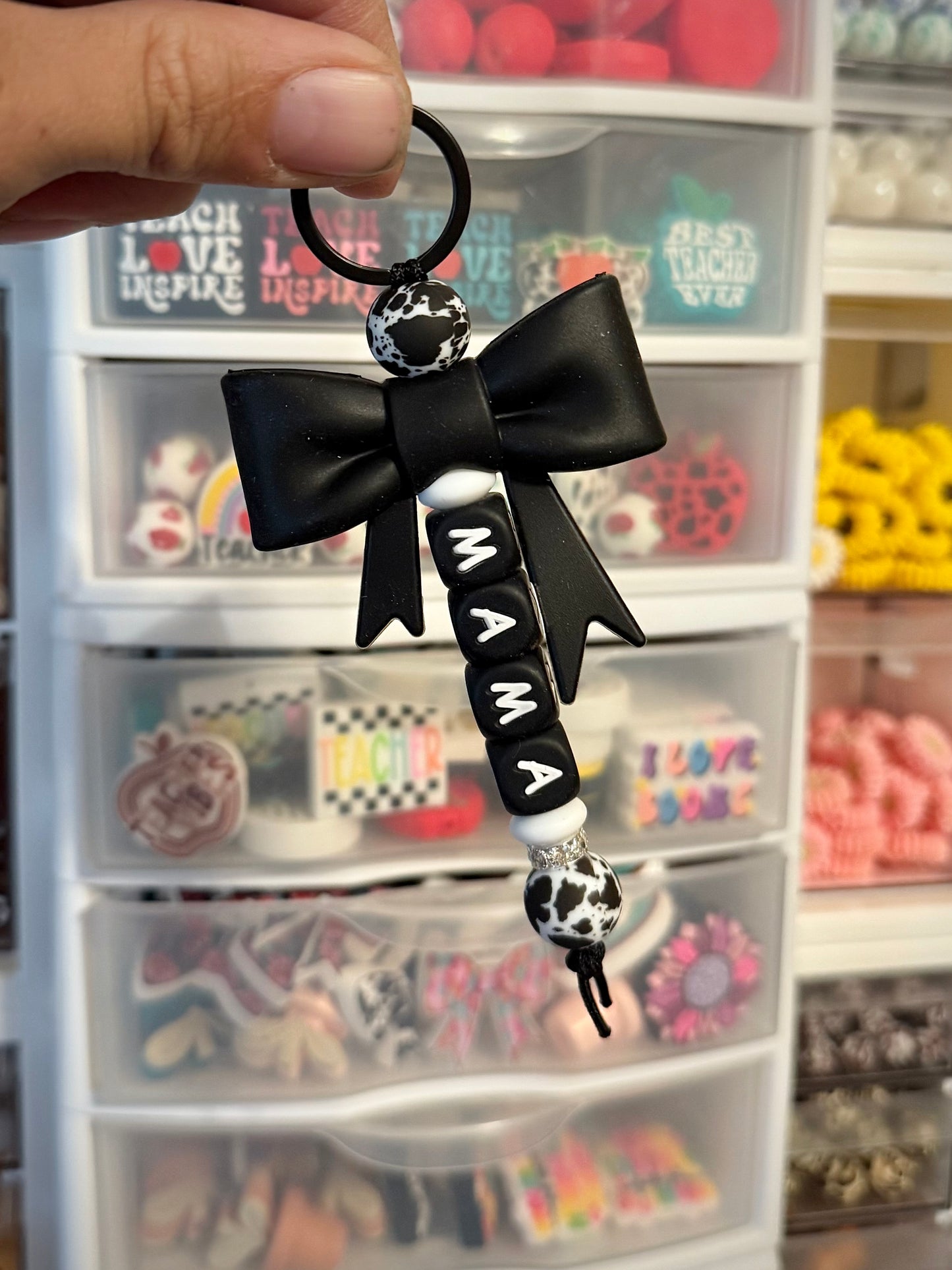 Black Bow Cowhide Mama Keychain
