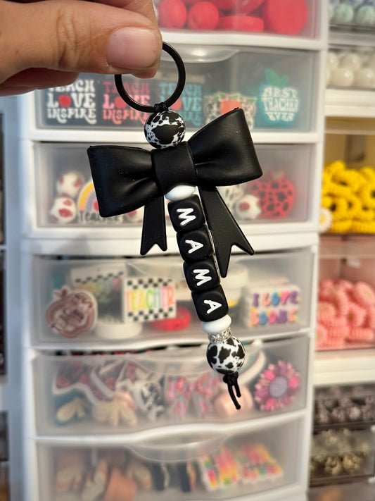 Black Bow Cowhide Mama Keychain