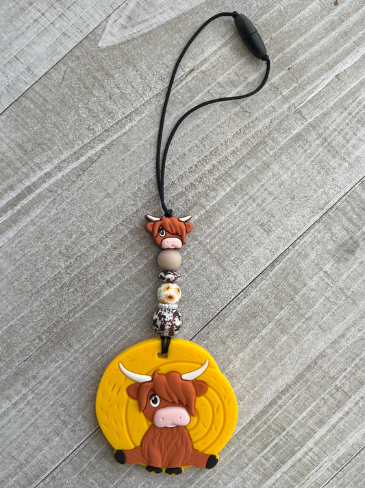 Highland Sunflower Brown Cow Print Car Dangle