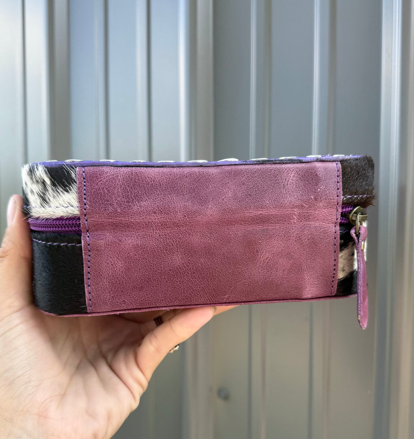 Tooled Purple Floral Spotted Cowhide Rectangle Jewelry Zipper Box
