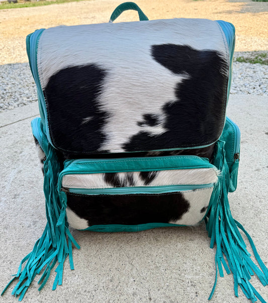 Turquoise Leather Fringe Cowhide Backpack / Diaper Bag