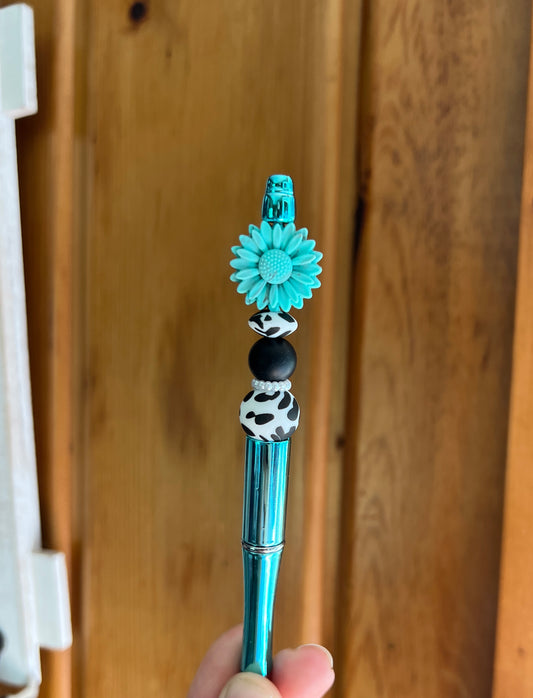 Turquoise Swirl Flower Cow Print Pen