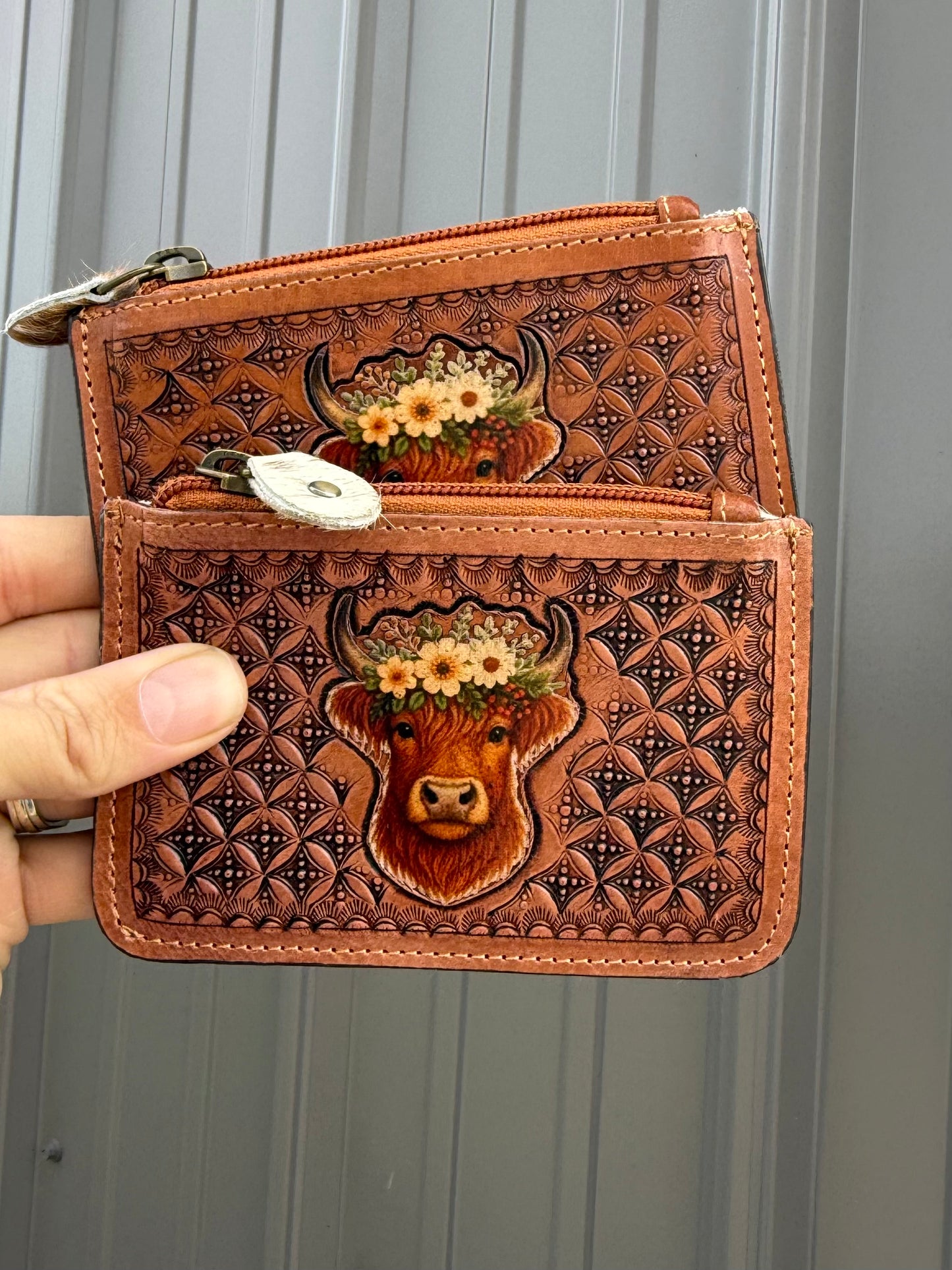Highland Cow Cowhide Tooled Leather Zipper Pouch