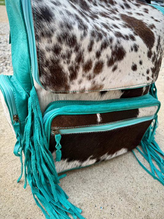 Turquoise Leather Cowhide Backpack / Diaper Bag