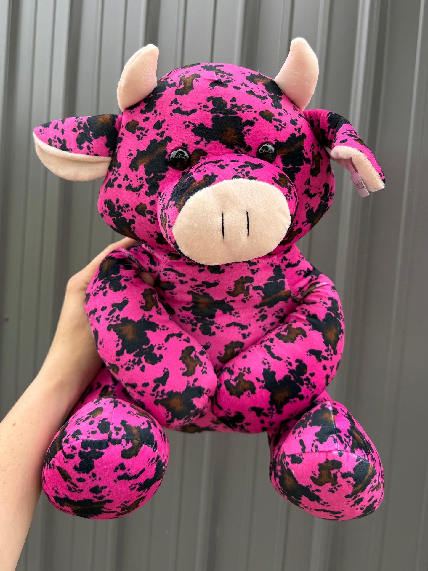 Large Plushie Pink Cowhide Turquoise Sitting Cow