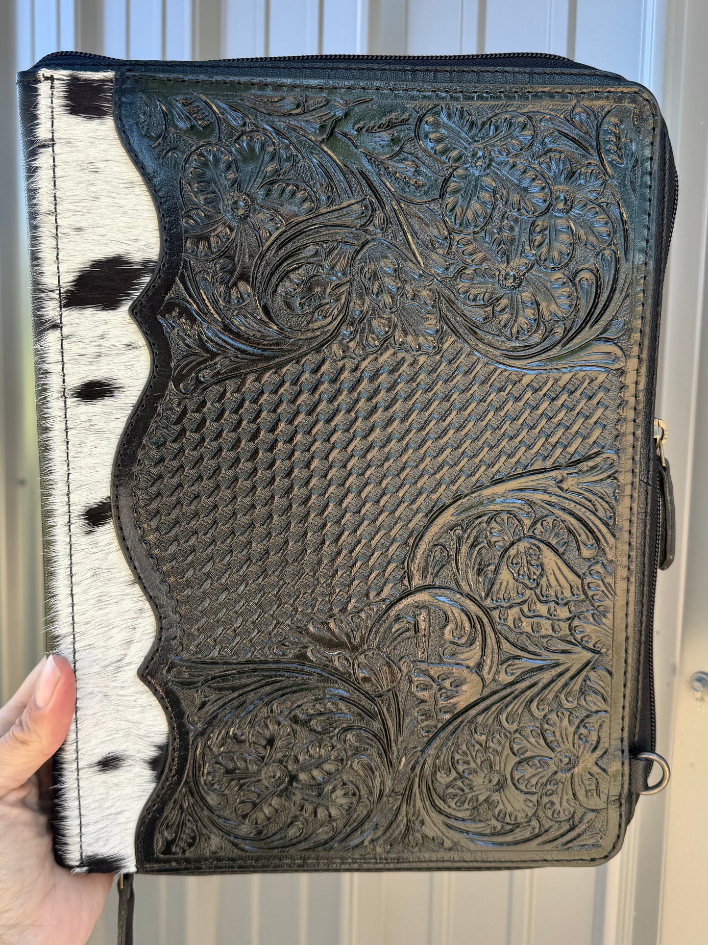 Black Tooled Leather Binder Planner Tooled Leather Cowhide with Crossbody Strap