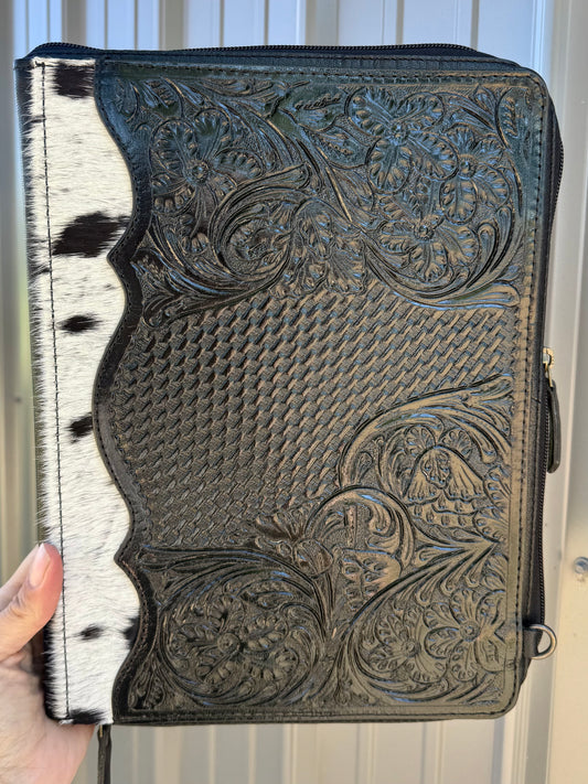 Black Tooled Leather Binder Planner Tooled Leather Cowhide with Crossbody Strap